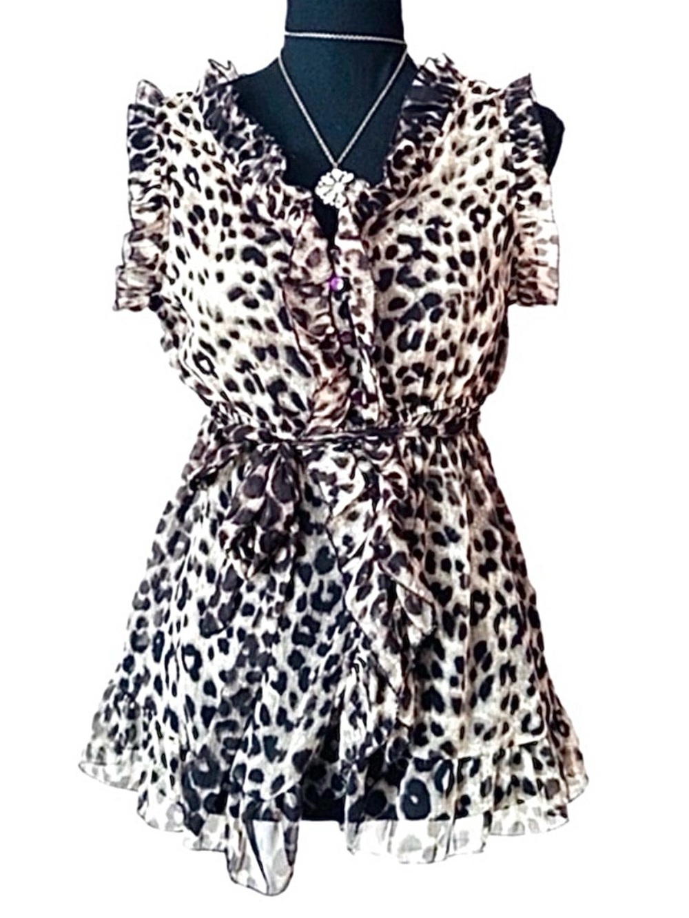 #63 PASSPORT ~ Lightweight Leopard Print Sleeveless Ruffle Blouse Elastic Waist